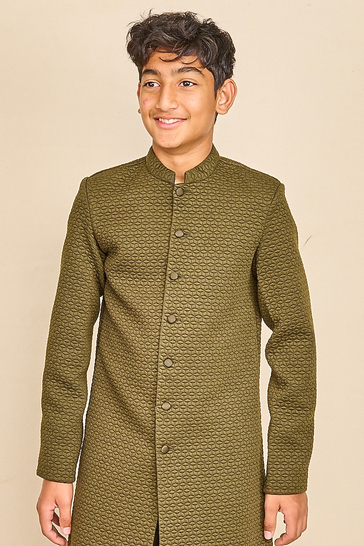 Seaweed Green Quilted Achkan Jacket Set For Boys by All Boy Couture at Pernia's Pop Up Shop