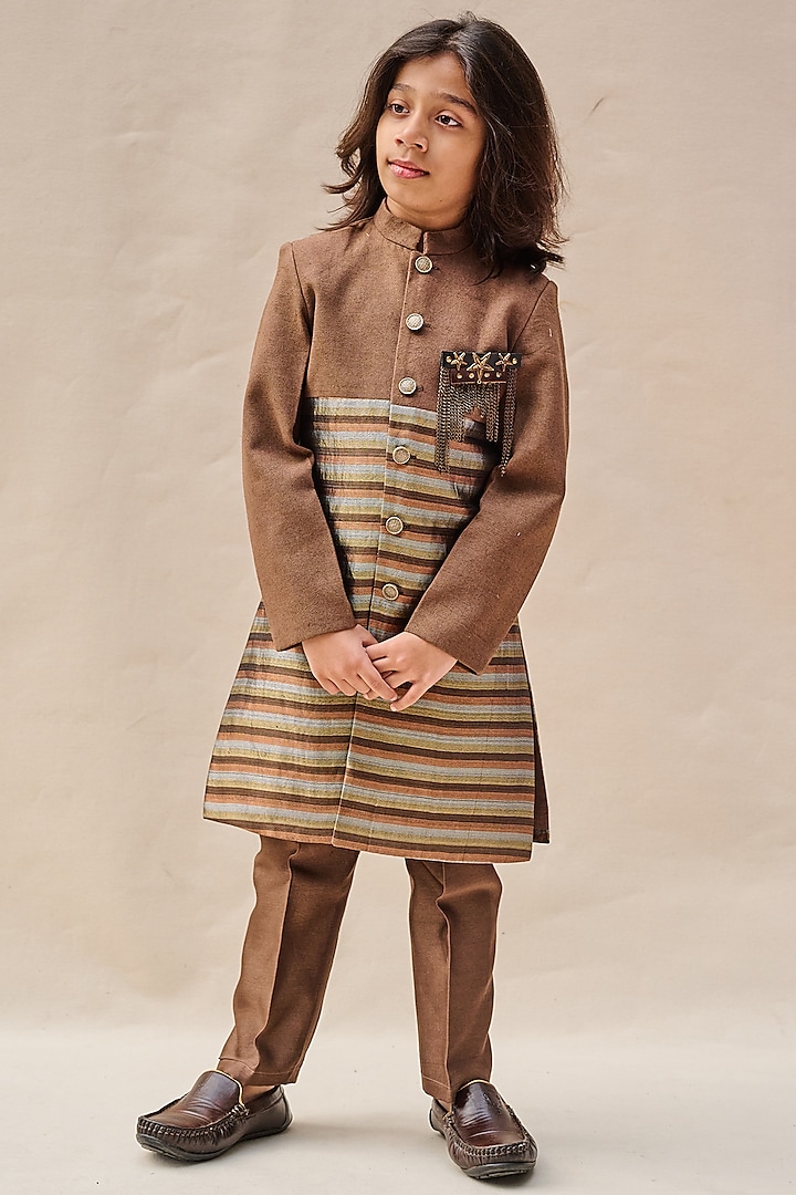 Mocha Brown & Copper Pure Tussar Achkan Jacket Set For Boys by All Boy Couture