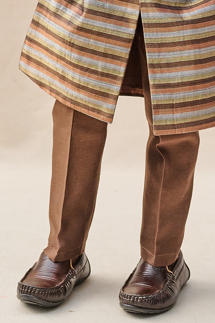 Mocha Brown & Copper Pure Tussar Achkan Jacket Set For Boys by All Boy Couture at Pernia's Pop Up Shop