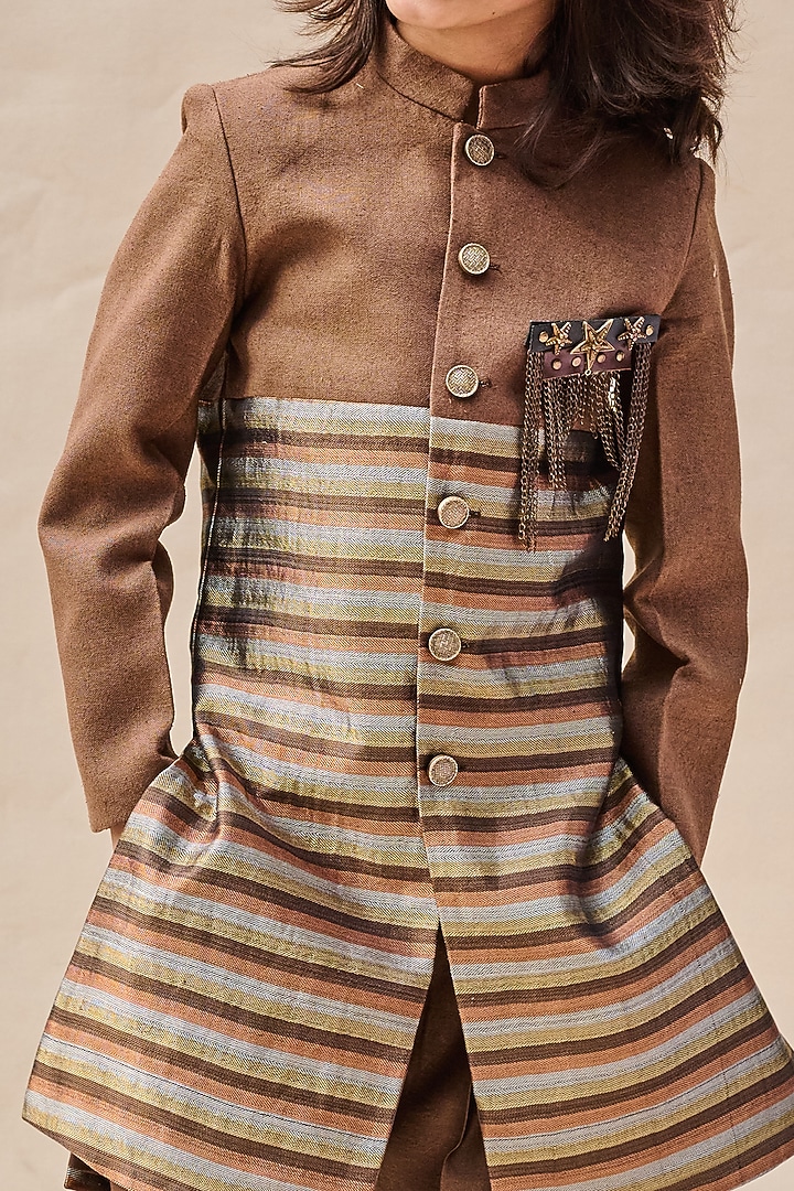 Mocha Brown & Copper Pure Tussar Achkan Jacket Set For Boys by All Boy Couture at Pernia's Pop Up Shop