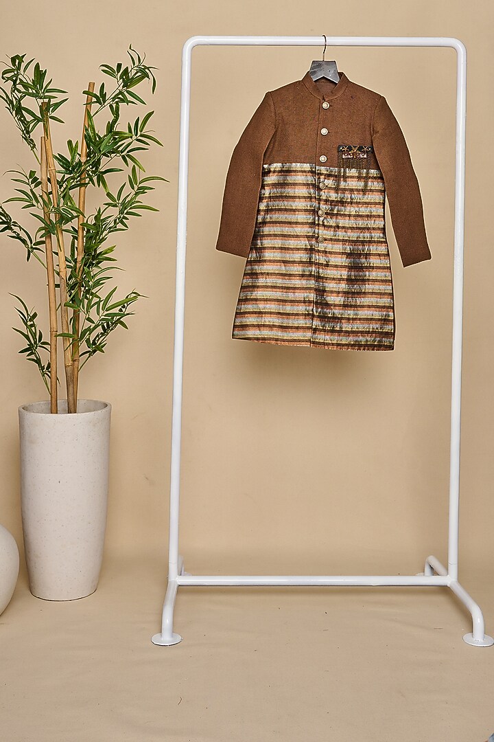 Mocha Brown & Copper Pure Tussar Achkan Jacket Set For Boys by All Boy Couture at Pernia's Pop Up Shop
