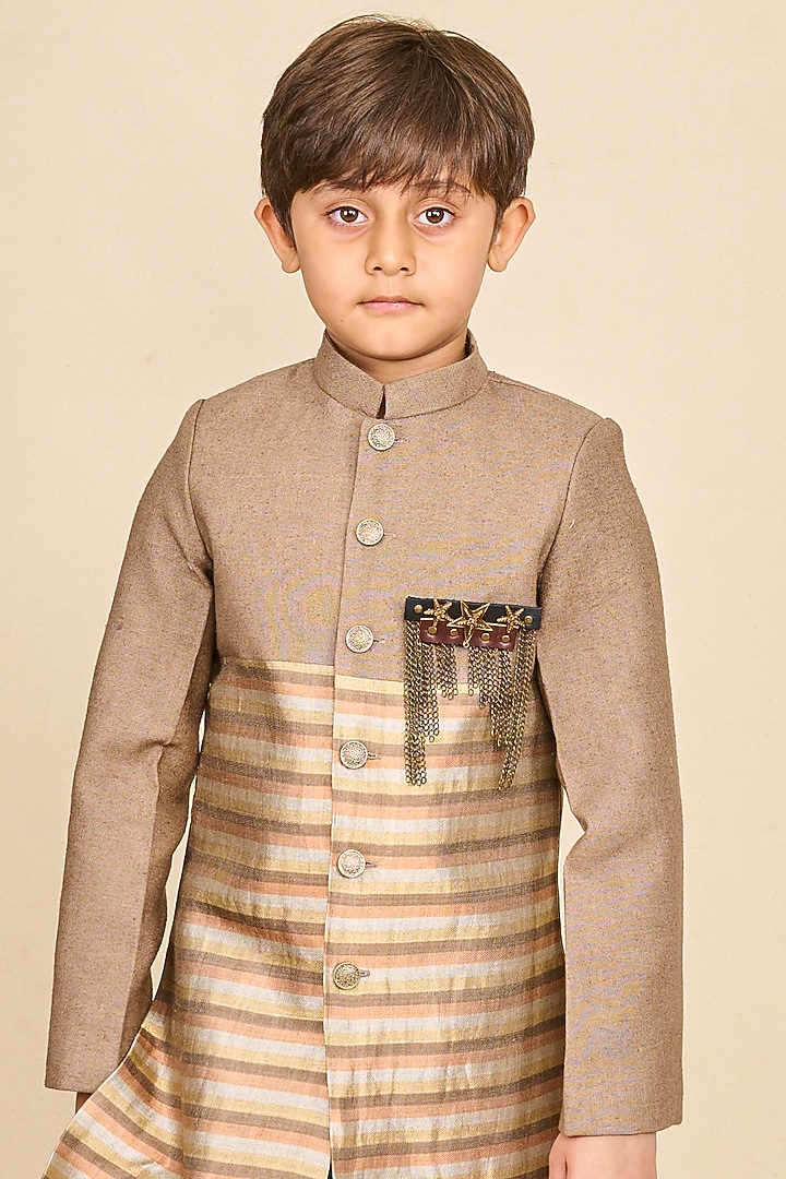 Peanut Brown & Copper Pure Tussar Achkan Jacket Set For Boys by All Boy Couture at Pernia's Pop Up Shop