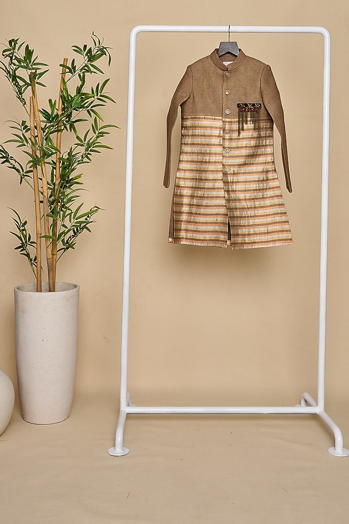 Peanut Brown & Copper Pure Tussar Achkan Jacket Set For Boys by All Boy Couture at Pernia's Pop Up Shop