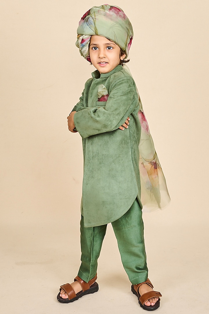 Forest Green Suede Achkan Jacket Set For Boys by All Boy Couture