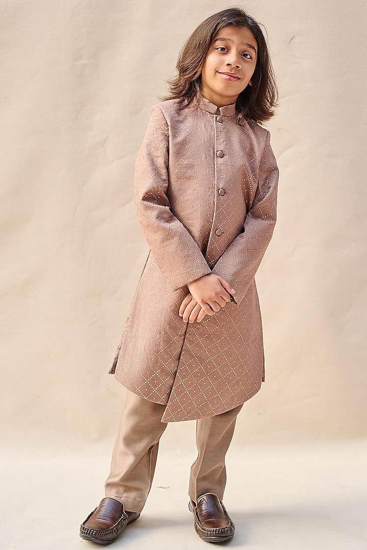Stone Grey Silk Chanderi Muskaish Embroidered Achkan Jacket Set For Boys by All Boy Couture