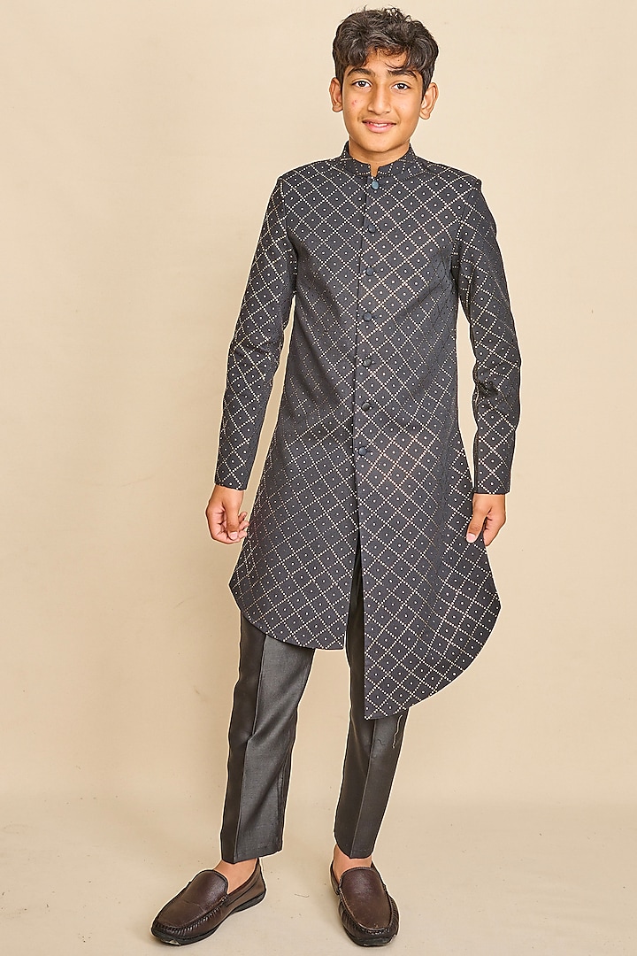 Black Silk Chanderi Muskaish Embroidered Achkan Jacket Set For Boys by All Boy Couture