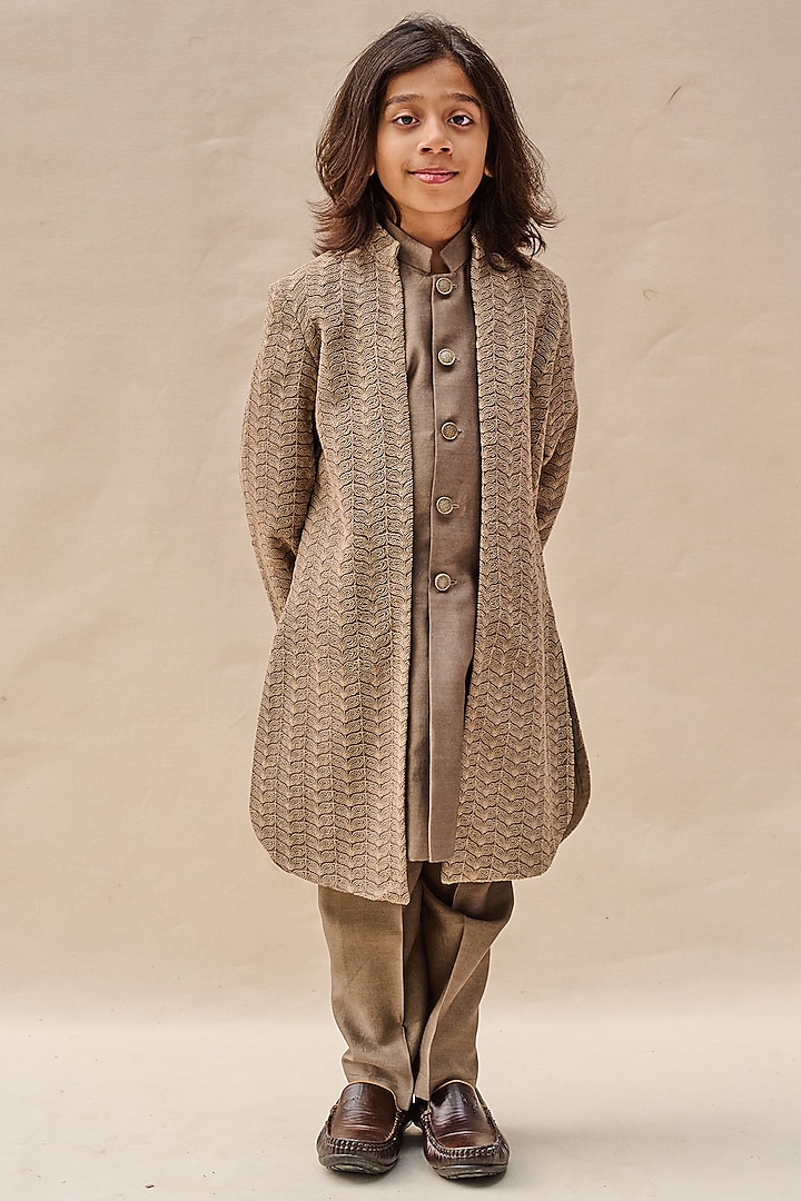 Wood Grey Handloom Silk Chanderi Zari Embroidered Indo-Western Set For Boys by All Boy Couture