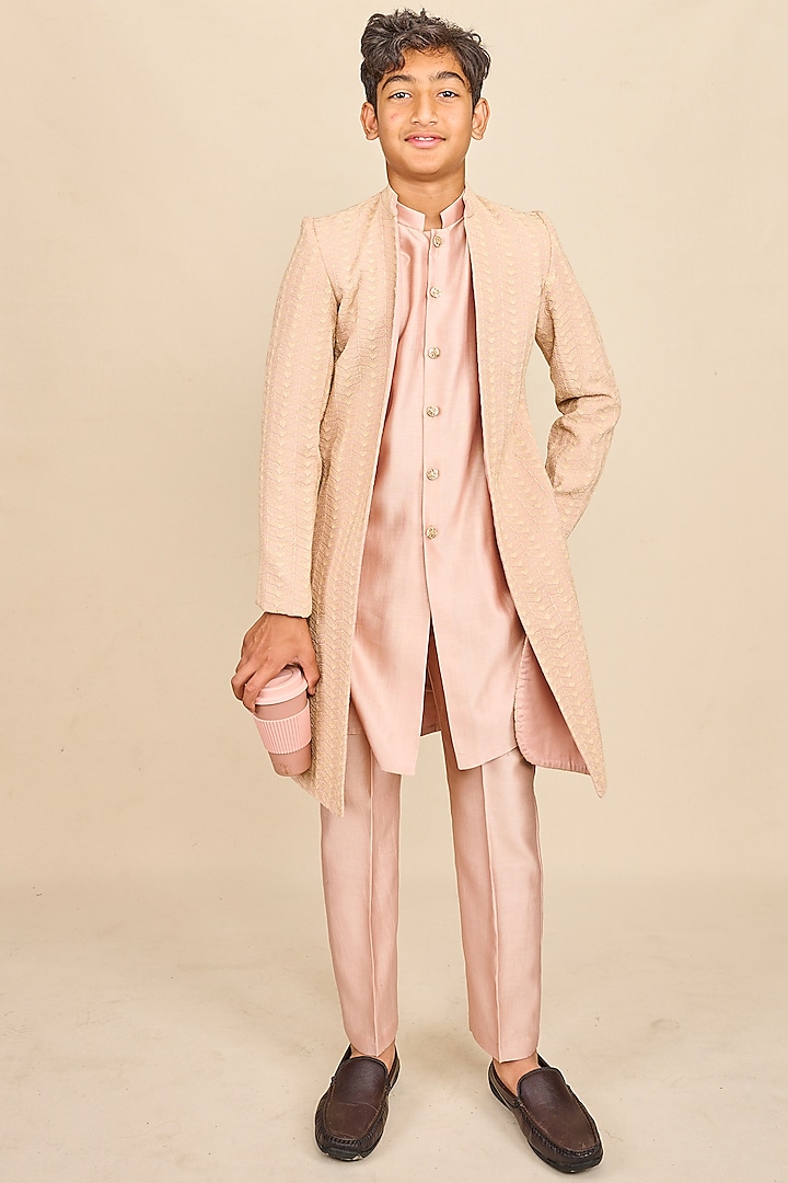 Crepe Pink Handloom Silk Chanderi Zari Embroidered Indo-Western Set For Boys by All Boy Couture