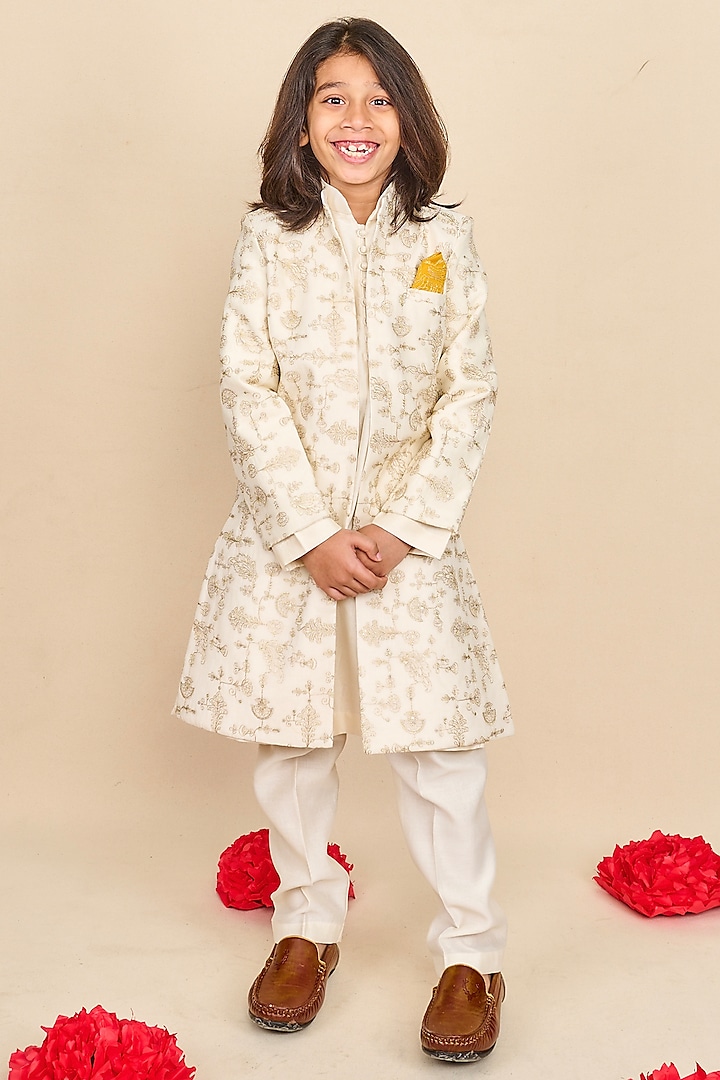 Pearl White Chanderi Silk Zari Embroidered Indo-Western Set For Boys by All Boy Couture