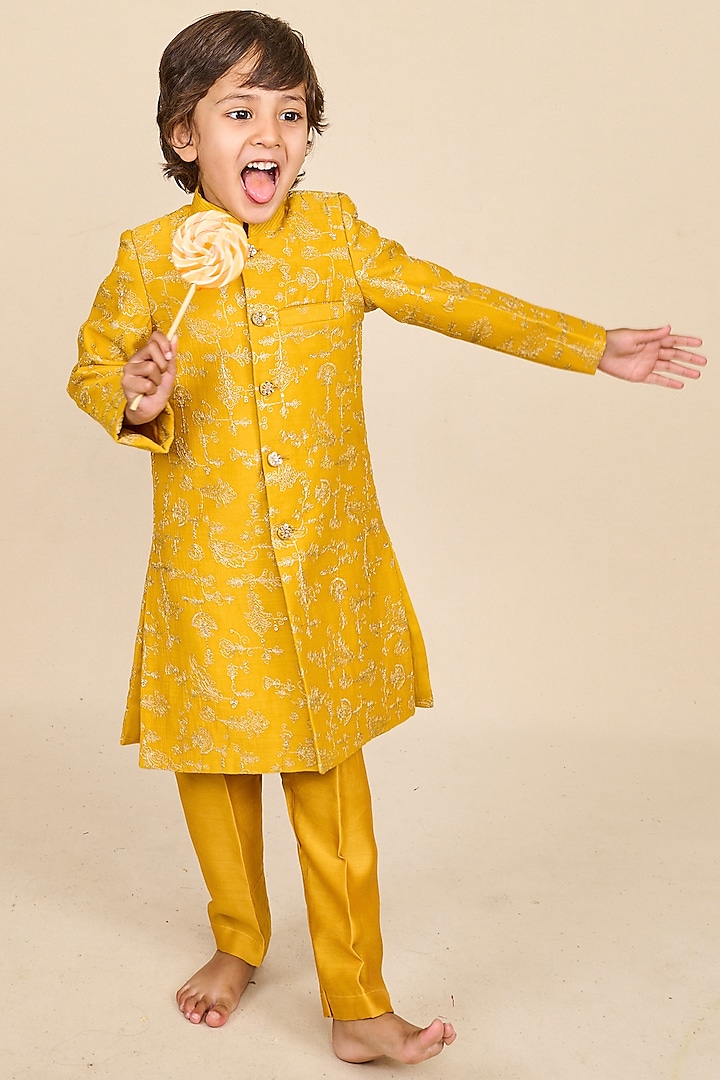 Yellow Chanderi Silk Zari Embroidered Achkan Jacket Set For Boys by All Boy Couture