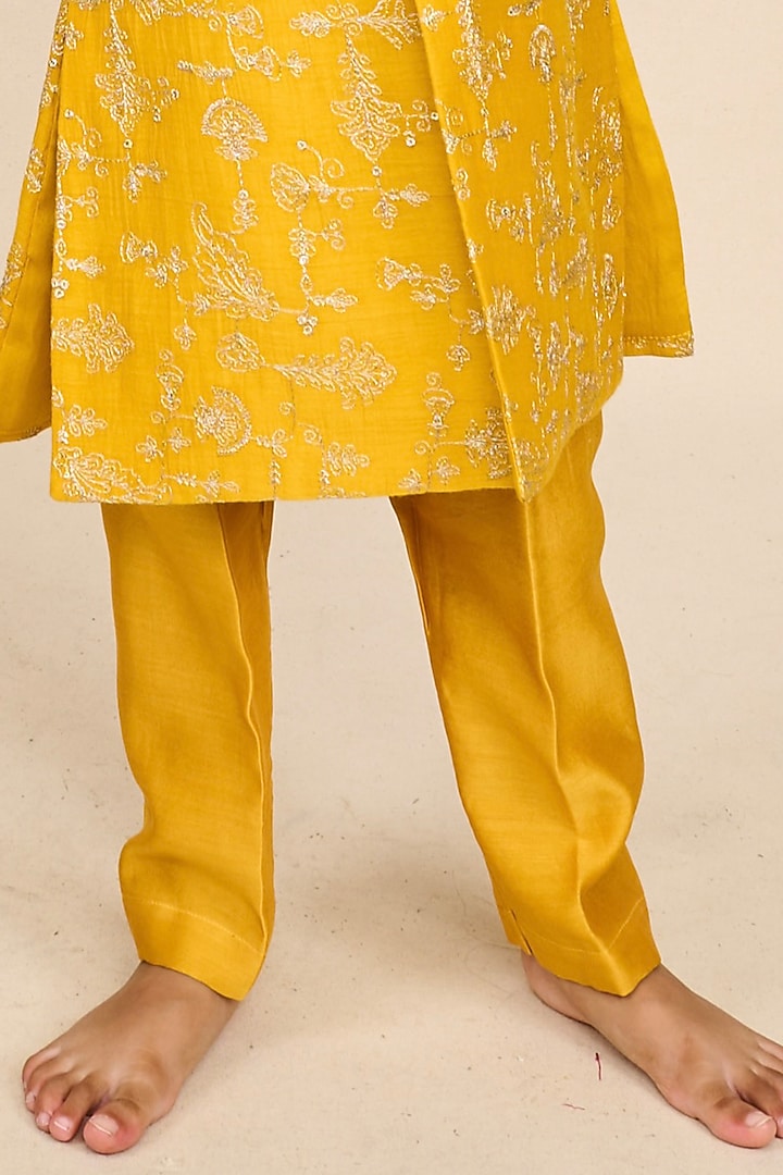 Yellow Chanderi Silk Zari Embroidered Achkan Jacket Set For Boys by All Boy Couture at Pernia's Pop Up Shop