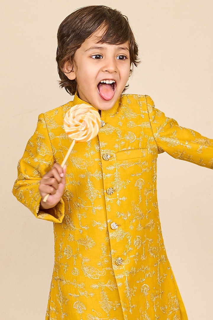 Yellow Chanderi Silk Zari Embroidered Achkan Jacket Set For Boys by All Boy Couture at Pernia's Pop Up Shop