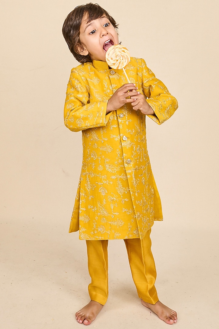 Yellow Chanderi Silk Zari Embroidered Achkan Jacket Set For Boys by All Boy Couture at Pernia's Pop Up Shop