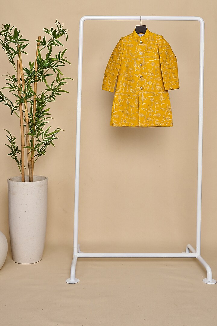Yellow Chanderi Silk Zari Embroidered Achkan Jacket Set For Boys by All Boy Couture at Pernia's Pop Up Shop