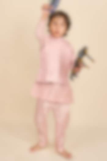 Blush Pink Handloom Silk Chanderi Thread Embroidered Nehru Jacket Set For Boys by All Boy Couture
