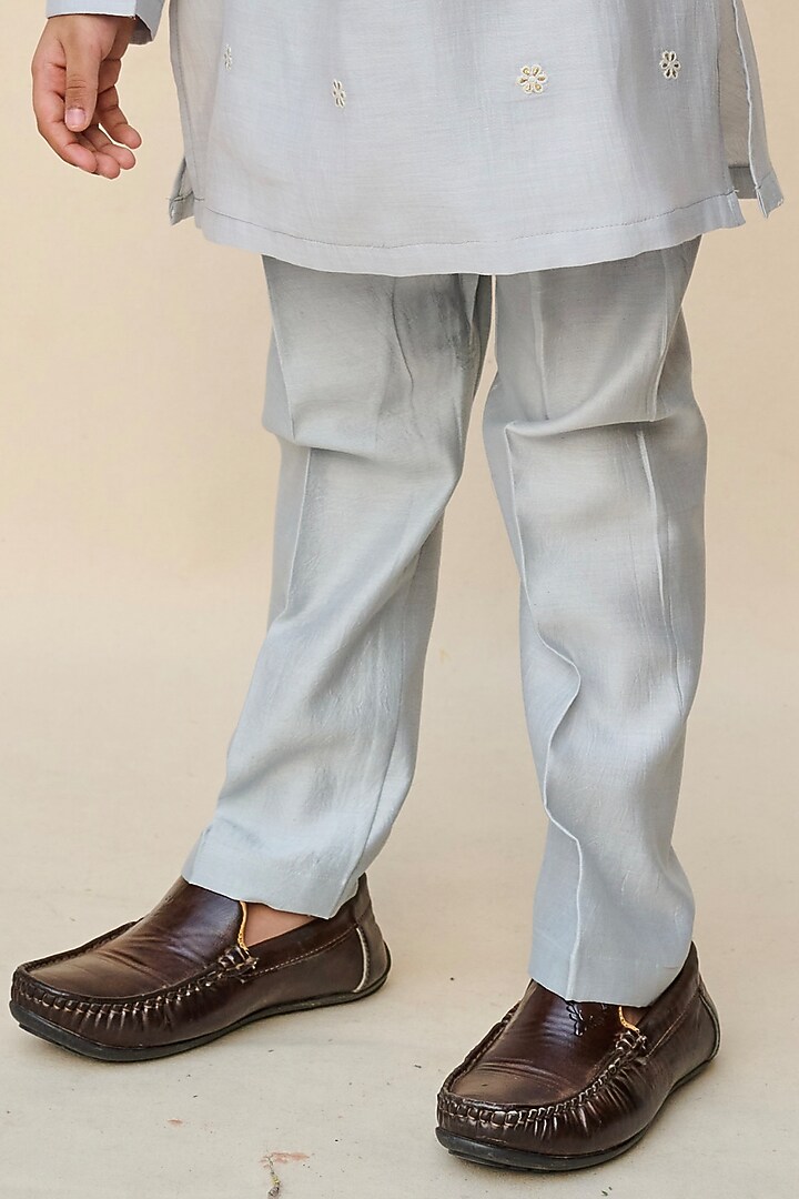 Powder Blue Handloom Silk Chanderi Thread Embroidered Nehru Jacket Set For Boys by All Boy Couture at Pernia's Pop Up Shop