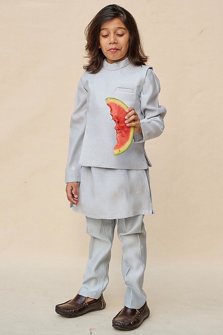 Powder Blue Handloom Silk Chanderi Thread Embroidered Nehru Jacket Set For Boys by All Boy Couture at Pernia's Pop Up Shop