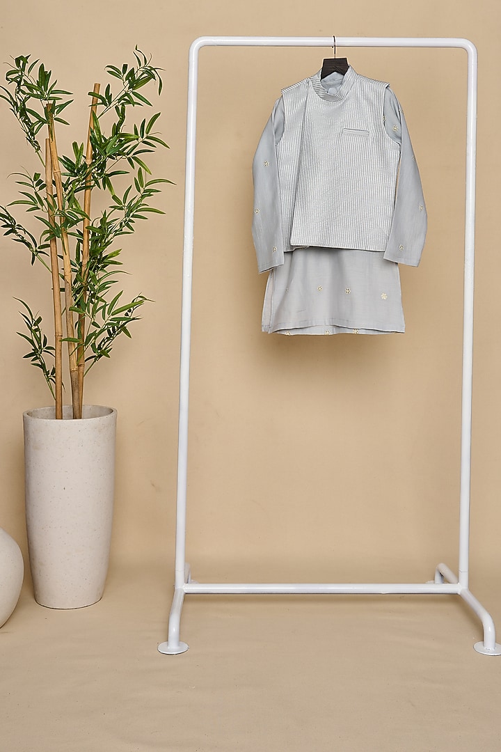 Powder Blue Handloom Silk Chanderi Thread Embroidered Nehru Jacket Set For Boys by All Boy Couture at Pernia's Pop Up Shop