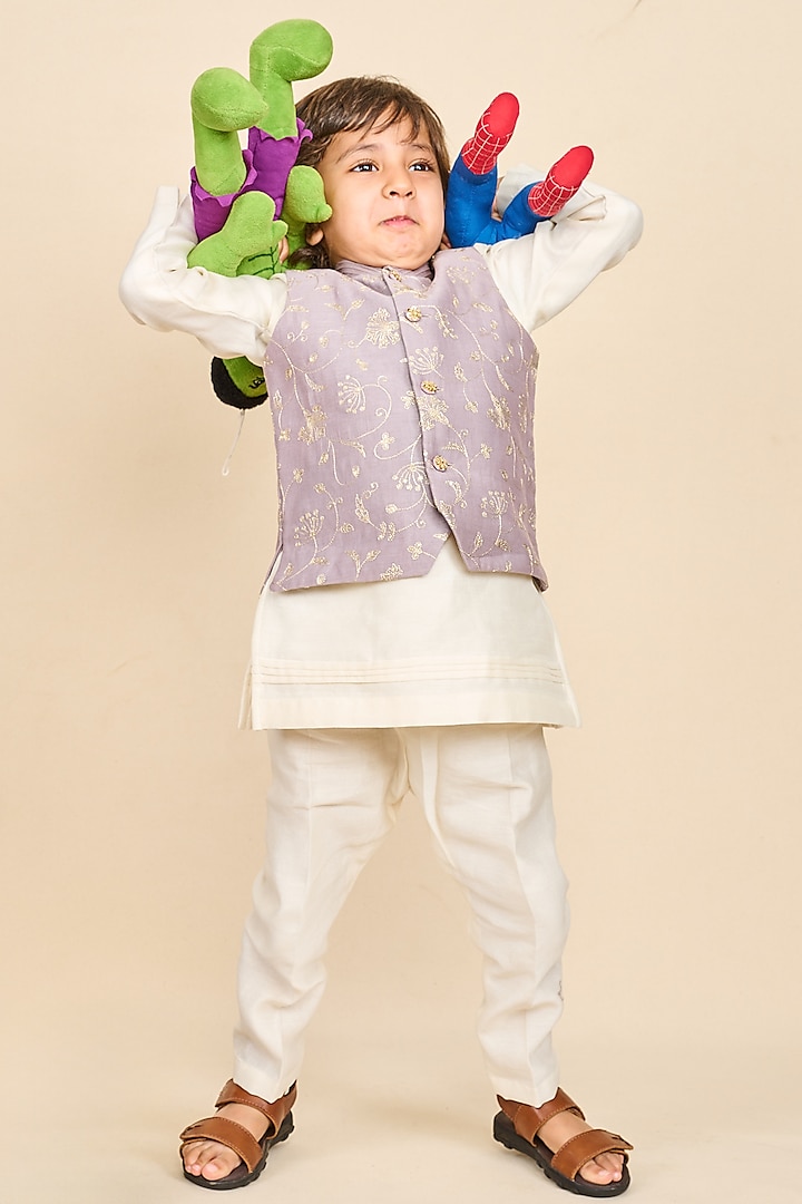 Iris Purple Handloom Silk Chanderi Zari Embroidered Nehru Jacket Set For Boys by All Boy Couture