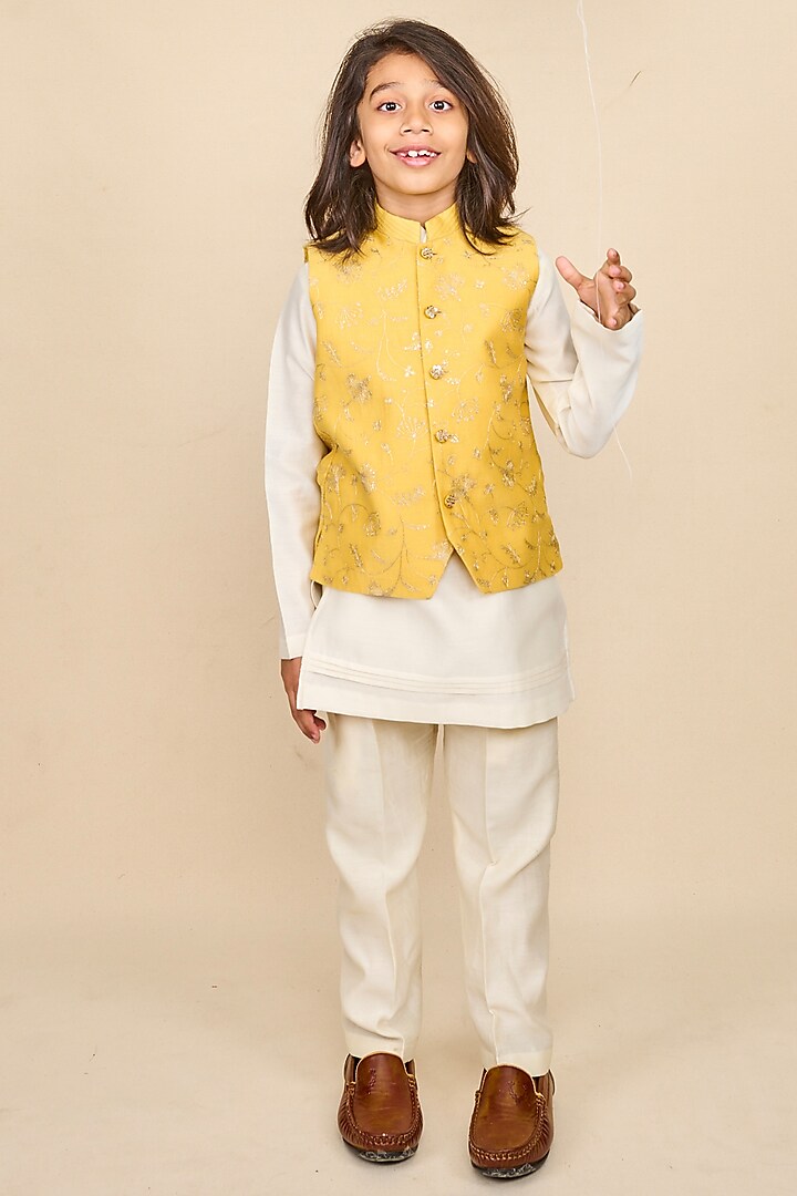 Butter Yellow Handloom Silk Chanderi Zari Embroidered Nehru Jacket Set For Boys by All Boy Couture