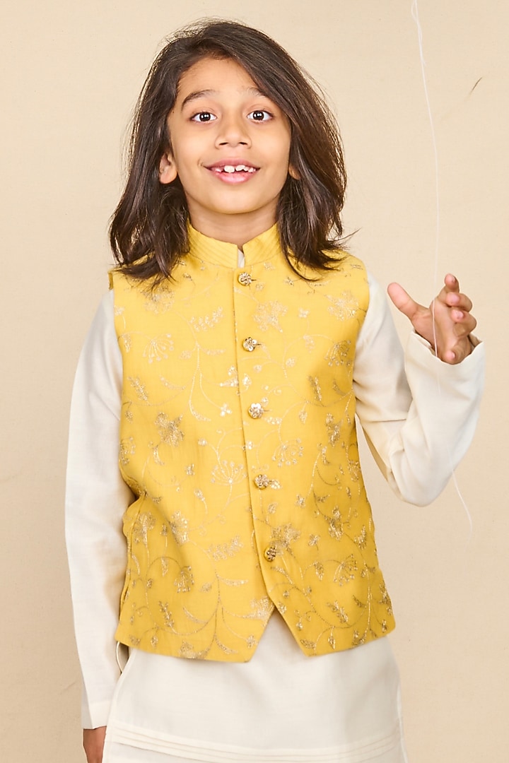 Butter Yellow Handloom Silk Chanderi Zari Embroidered Nehru Jacket Set For Boys by All Boy Couture at Pernia's Pop Up Shop