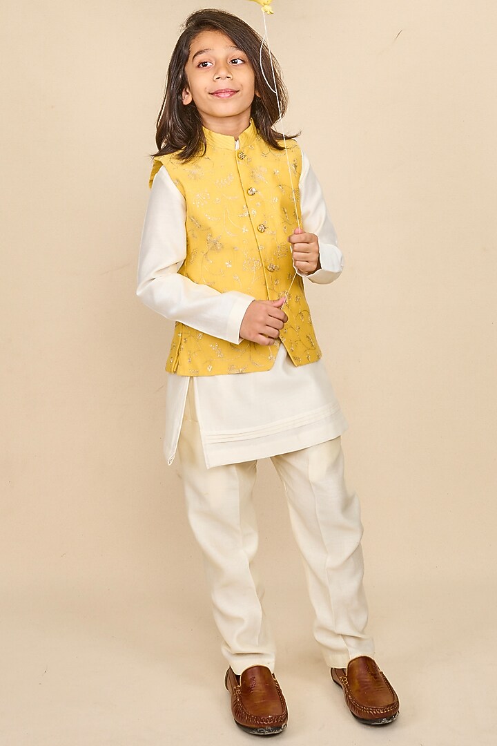 Butter Yellow Handloom Silk Chanderi Zari Embroidered Nehru Jacket Set For Boys by All Boy Couture at Pernia's Pop Up Shop