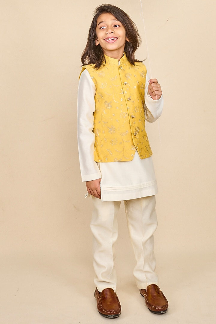 Butter Yellow Handloom Silk Chanderi Zari Embroidered Nehru Jacket Set For Boys by All Boy Couture at Pernia's Pop Up Shop