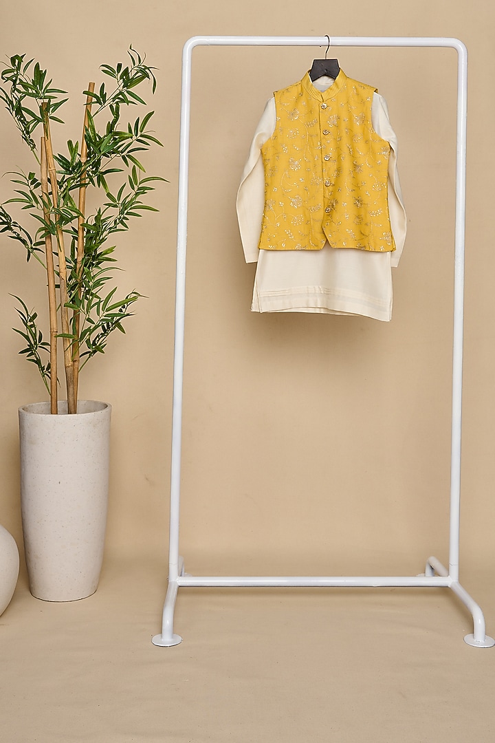 Butter Yellow Handloom Silk Chanderi Zari Embroidered Nehru Jacket Set For Boys by All Boy Couture at Pernia's Pop Up Shop