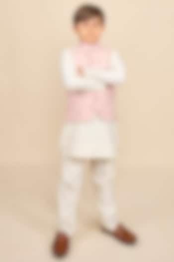 Baby Pink Handloom Silk Chanderi Zari Embroidered Nehru Jacket Set For Boys by All Boy Couture