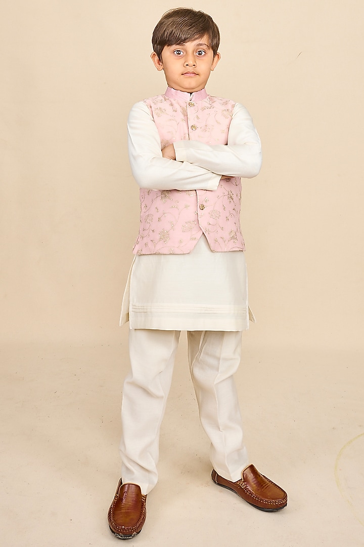 Baby Pink Handloom Silk Chanderi Zari Embroidered Nehru Jacket Set For Boys by All Boy Couture