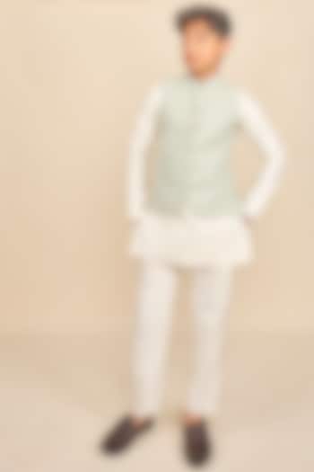 Teal Green Handloom Silk Chanderi Zari Embroidered Nehru Jacket Set For Boys by All Boy Couture