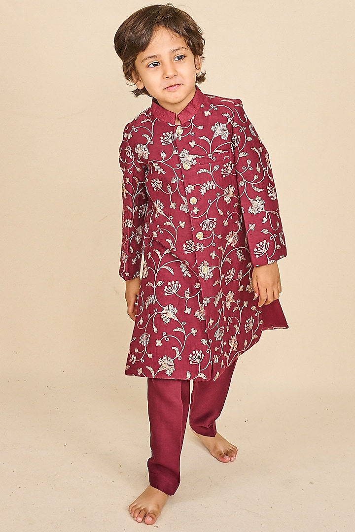 Mahogany Chanderi Silk Zari Embroidered Achkan Jacket Set For Boys by All Boy Couture