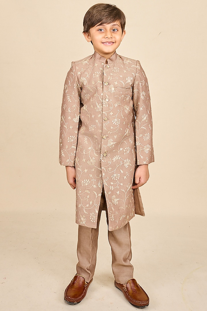 Beige Chanderi Silk Zari Embroidered Achkan Jacket Set For Boys by All Boy Couture
