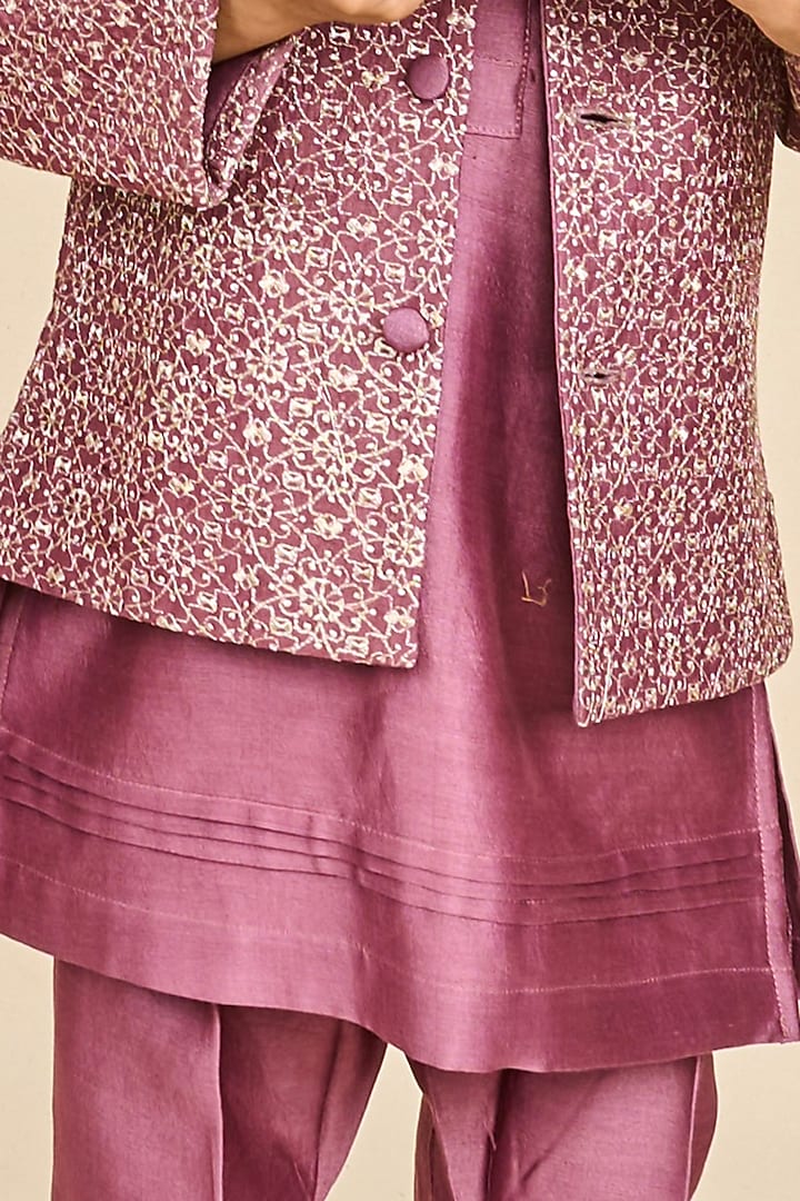 Wine Bandglore Silk Zari Embroidered Bandhgala Set For Boys by All Boy Couture at Pernia's Pop Up Shop