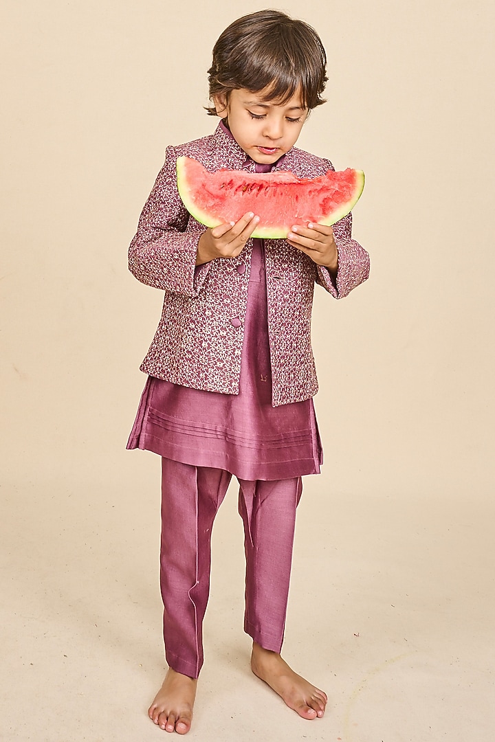 Wine Bandglore Silk Zari Embroidered Bandhgala Set For Boys by All Boy Couture at Pernia's Pop Up Shop