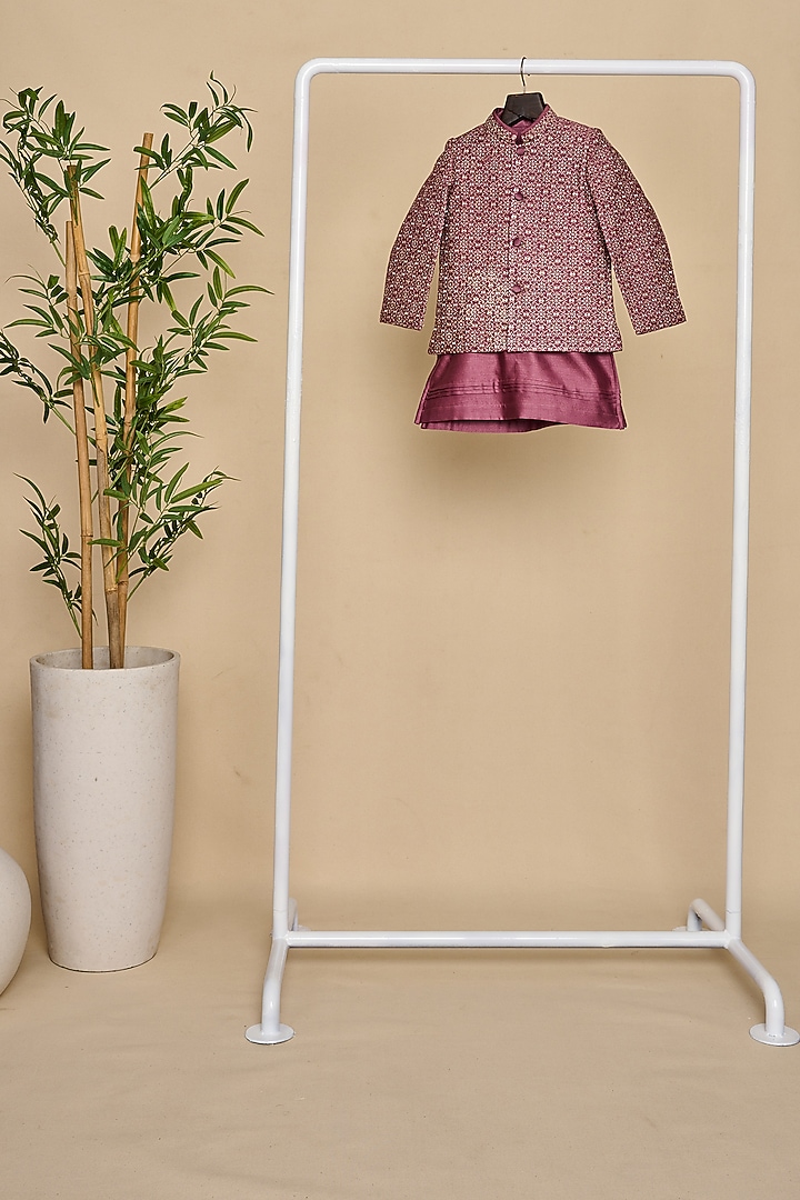 Wine Bandglore Silk Zari Embroidered Bandhgala Set For Boys by All Boy Couture at Pernia's Pop Up Shop