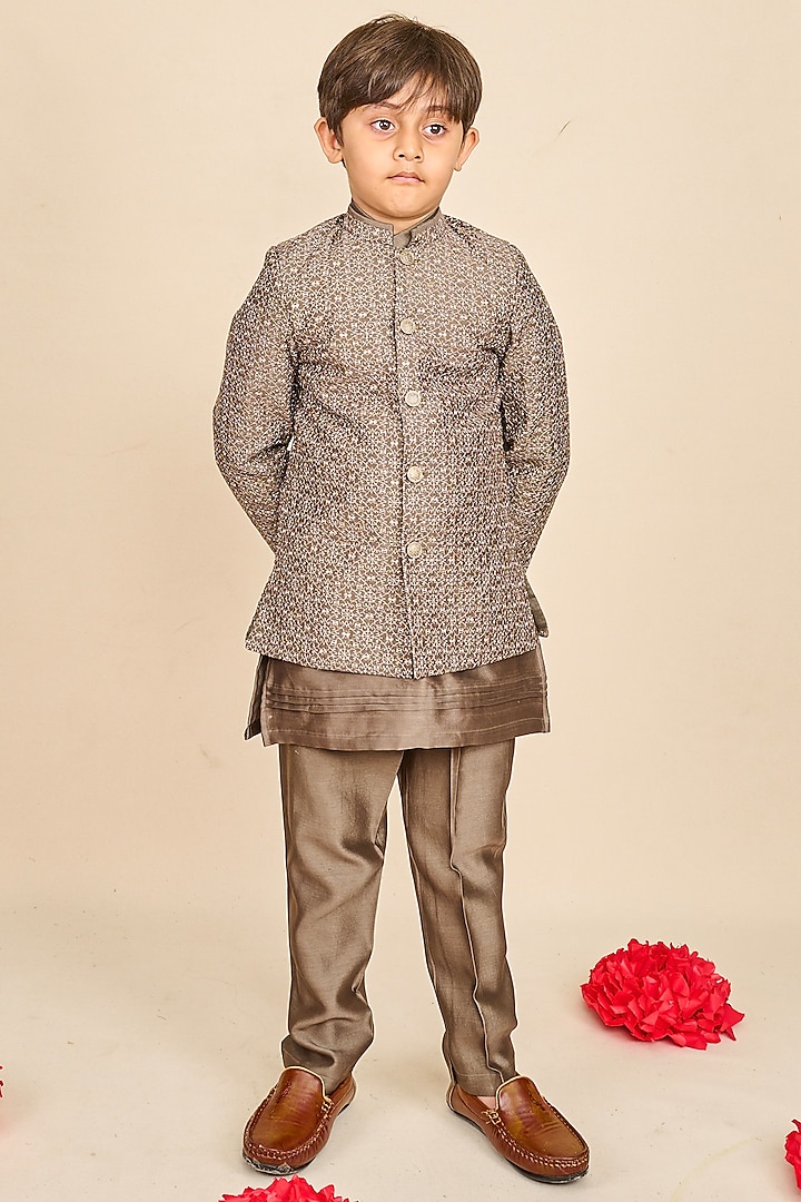 Olive-Grey Bandglore Silk Zari Embroidered Bandhgala Set For Boys by All Boy Couture