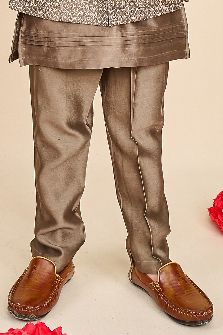 Olive-Grey Bandglore Silk Zari Embroidered Bandhgala Set For Boys by All Boy Couture at Pernia's Pop Up Shop