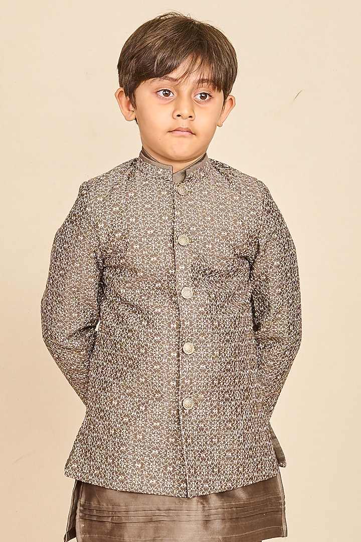 Olive-Grey Bandglore Silk Zari Embroidered Bandhgala Set For Boys by All Boy Couture at Pernia's Pop Up Shop