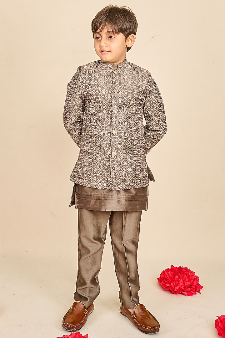 Olive-Grey Bandglore Silk Zari Embroidered Bandhgala Set For Boys by All Boy Couture at Pernia's Pop Up Shop