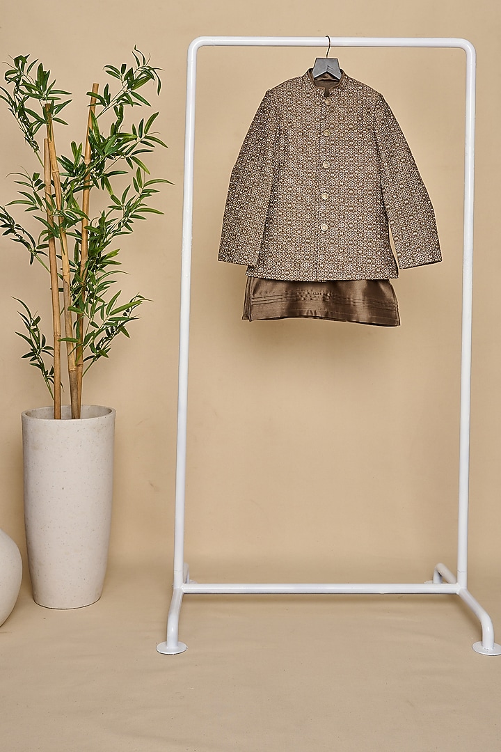 Olive-Grey Bandglore Silk Zari Embroidered Bandhgala Set For Boys by All Boy Couture at Pernia's Pop Up Shop