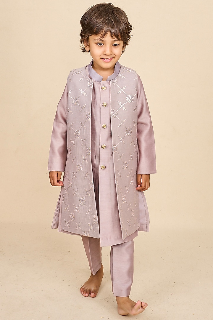 Lavender Handloom Silk Chanderi Sequins Embroidered Indo-Western Jacket For Boys by All Boy Couture