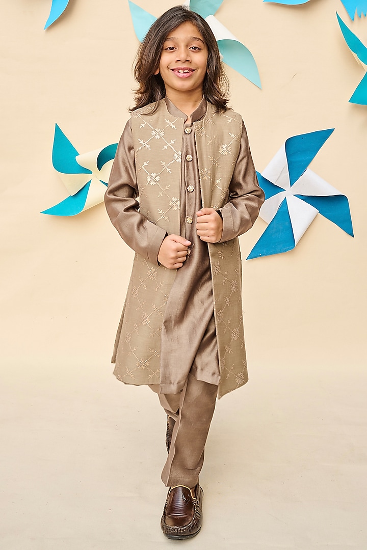 Brownish-Grey Handloom Silk Chanderi Sequins Embroidered Indo-Western Jacket For Boys by All Boy Couture