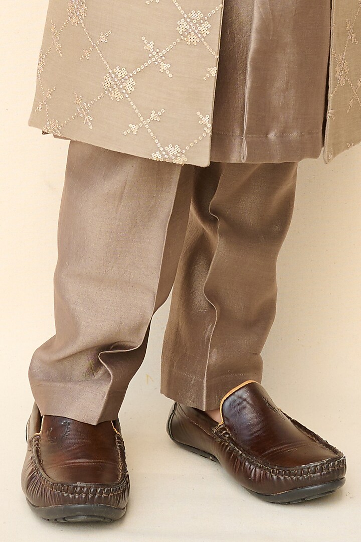 Brownish-Grey Handloom Silk Chanderi Sequins Embroidered Indo-Western Jacket For Boys by All Boy Couture at Pernia's Pop Up Shop