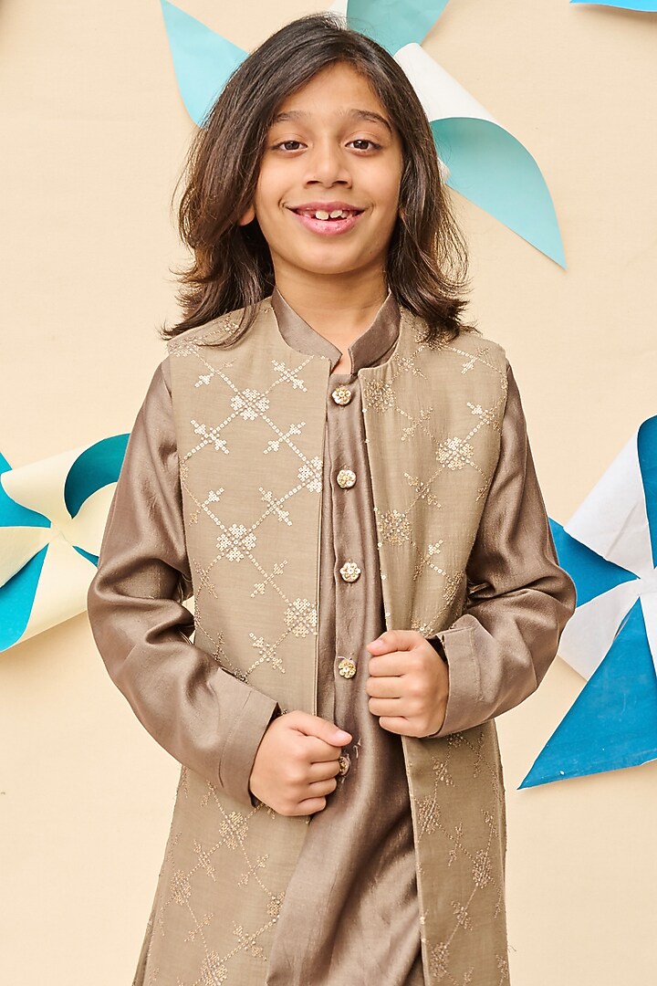 Brownish-Grey Handloom Silk Chanderi Sequins Embroidered Indo-Western Jacket For Boys by All Boy Couture at Pernia's Pop Up Shop