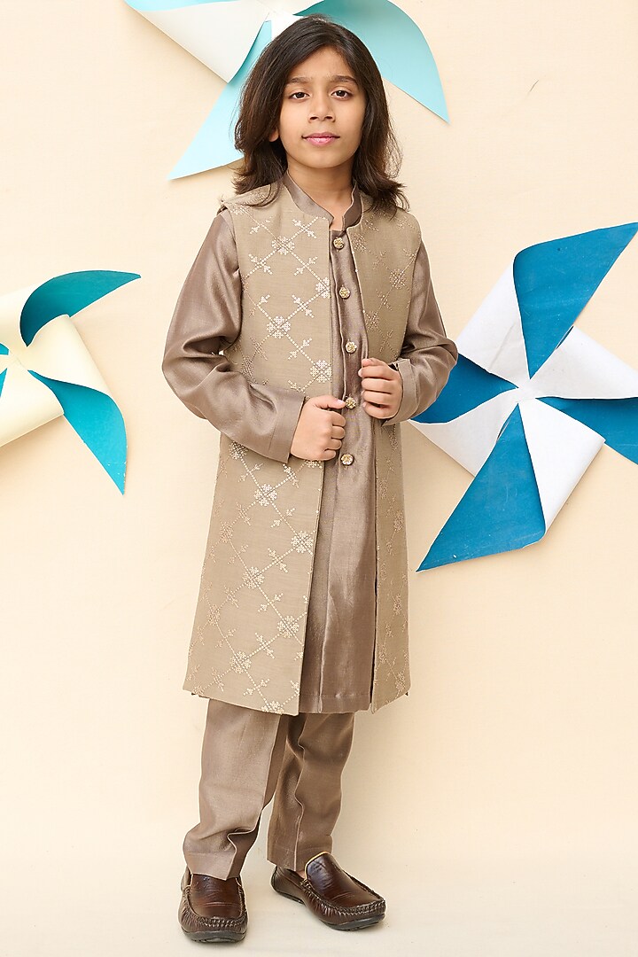 Brownish-Grey Handloom Silk Chanderi Sequins Embroidered Indo-Western Jacket For Boys by All Boy Couture at Pernia's Pop Up Shop