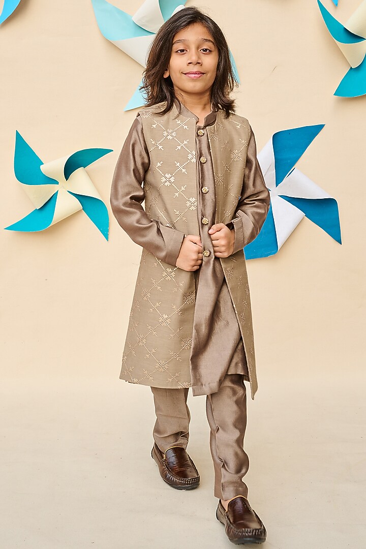 Brownish-Grey Handloom Silk Chanderi Sequins Embroidered Indo-Western Jacket For Boys by All Boy Couture at Pernia's Pop Up Shop