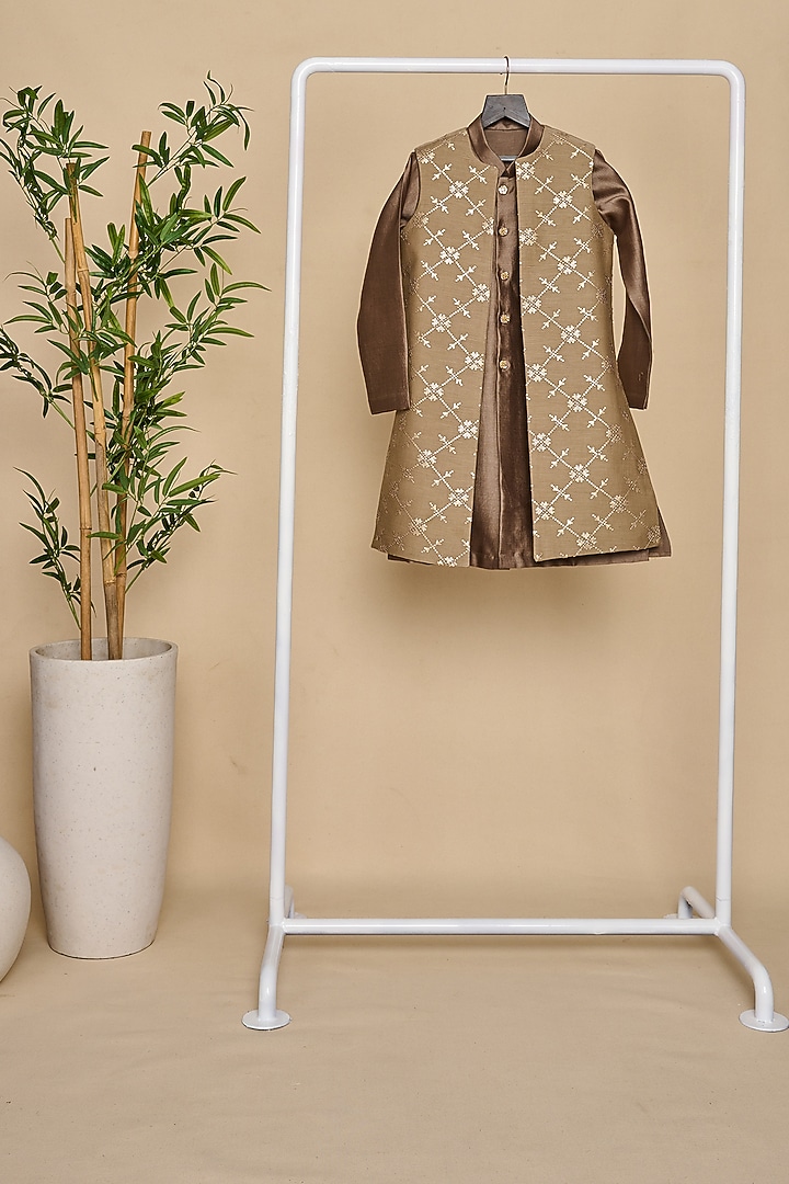 Brownish-Grey Handloom Silk Chanderi Sequins Embroidered Indo-Western Jacket For Boys by All Boy Couture at Pernia's Pop Up Shop