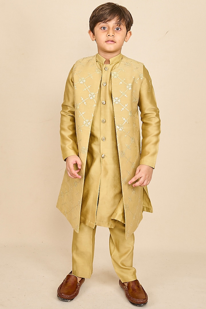Green Handloom Silk Chanderi Sequins Embroidered Indo-Western Jacket For Boys by All Boy Couture