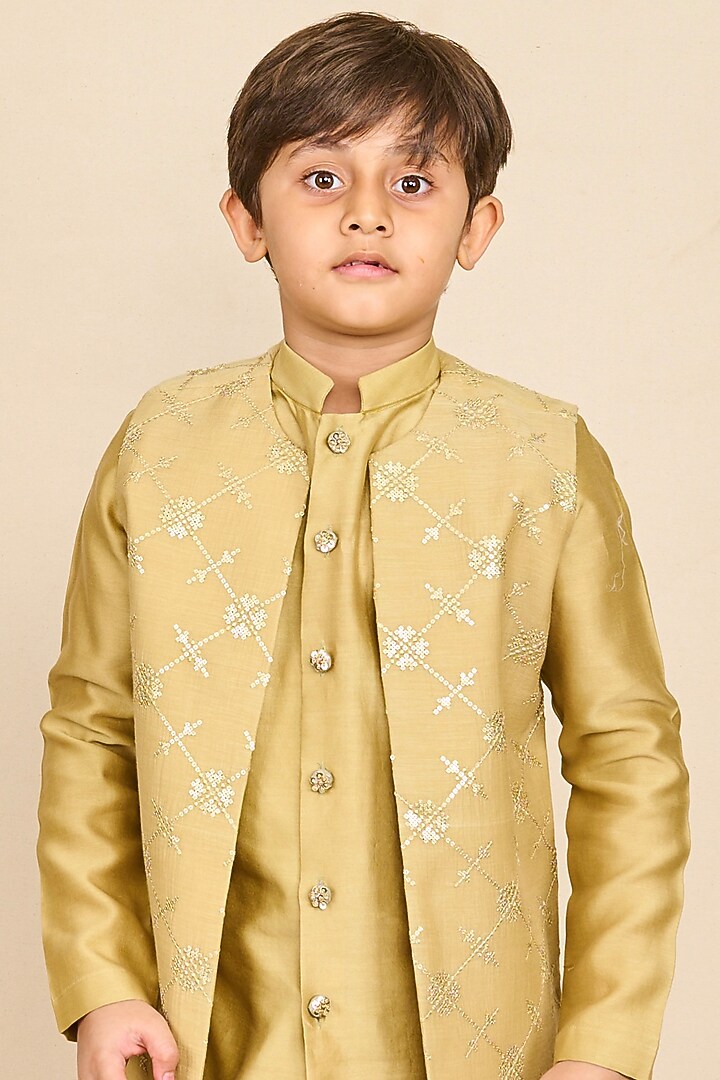 Green Handloom Silk Chanderi Sequins Embroidered Indo-Western Jacket For Boys by All Boy Couture at Pernia's Pop Up Shop